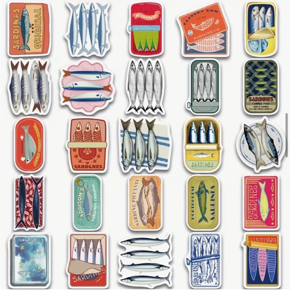 50 Sardine Tin Can Fish Stickers Colorful Nautical Mediterranean Sea Italian - Picture 3 of 10